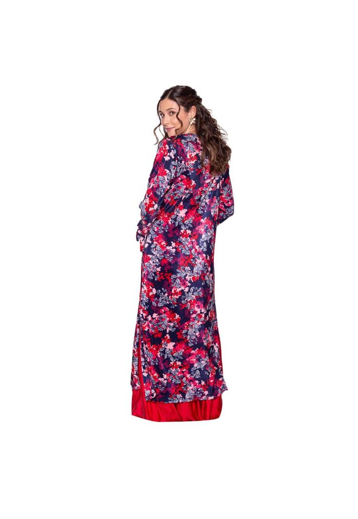 Tapado Kimono Largo Verona Azul Flores Plisado Maria Paskaro-2