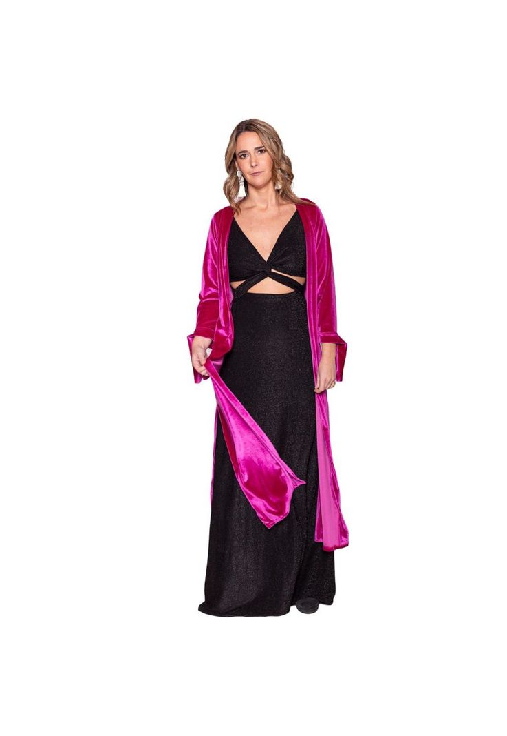 Tapado Kimono Largo Verona Fucsia Terciopelo  Maria Paskaro-1