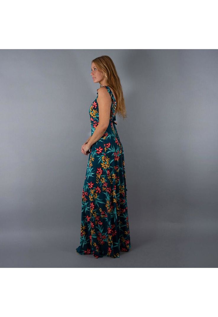 Vestido Largo Jaipur Turquesa Flores Coral Vuelitos Maria Paskaro-1