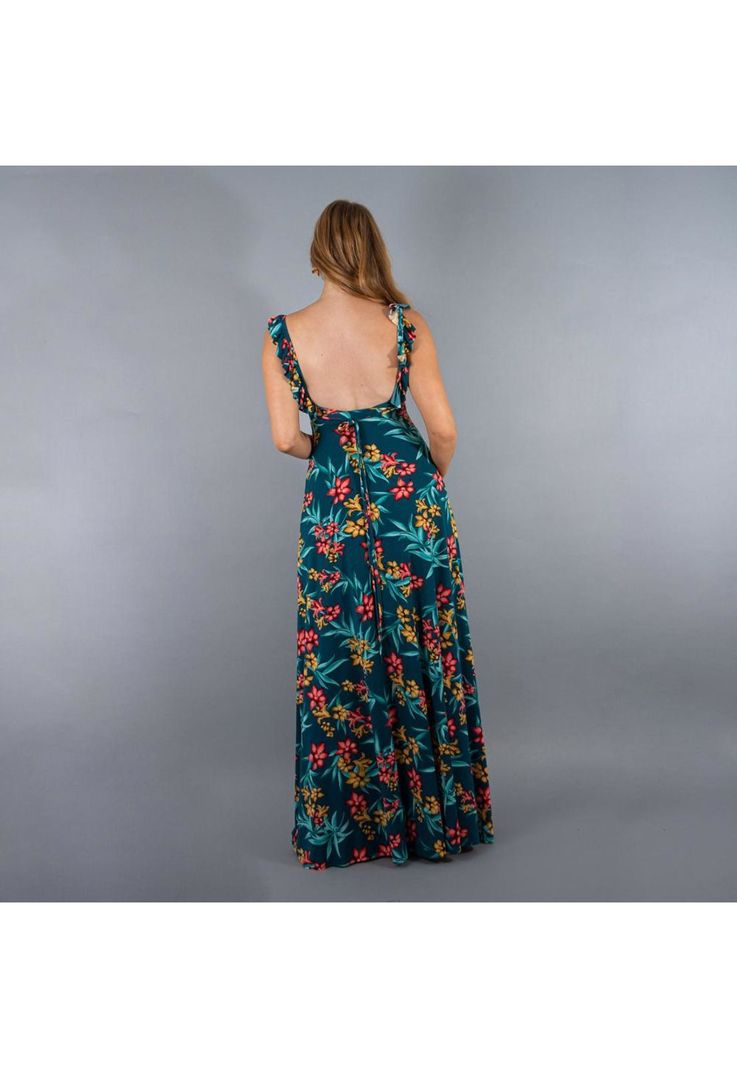 Vestido Largo Jaipur Turquesa Flores Coral Vuelitos Maria Paskaro-2