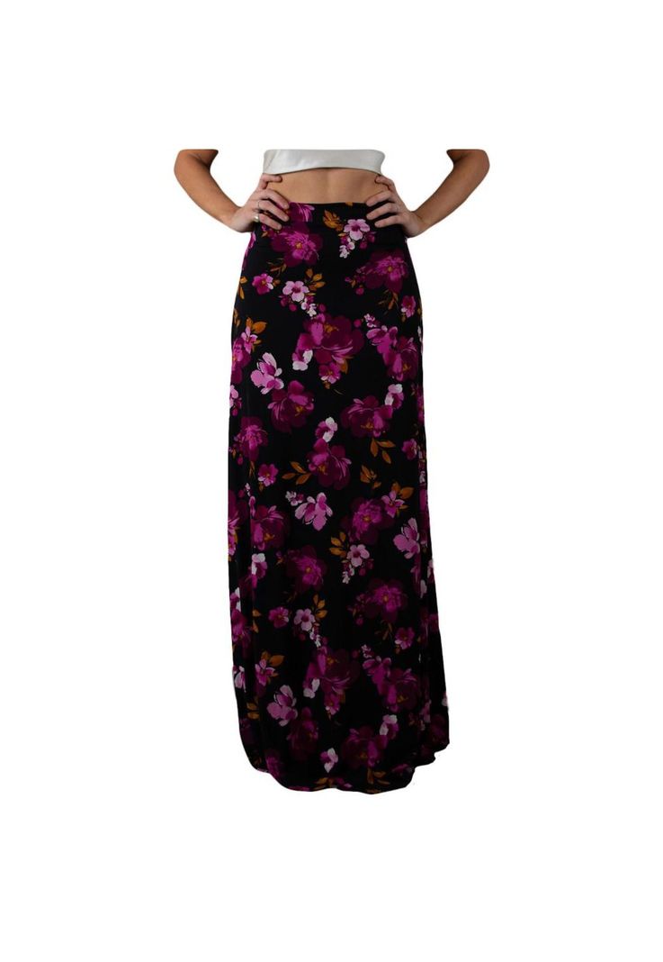 Falda Larga Bristol Negro Flores Fucsia Lycra Maria Paskaro-0
