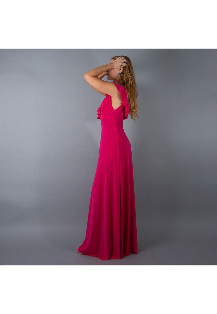 Vestido Largo Marken Fucsia Lycra Vuelo Grande Maria Paskaro-2