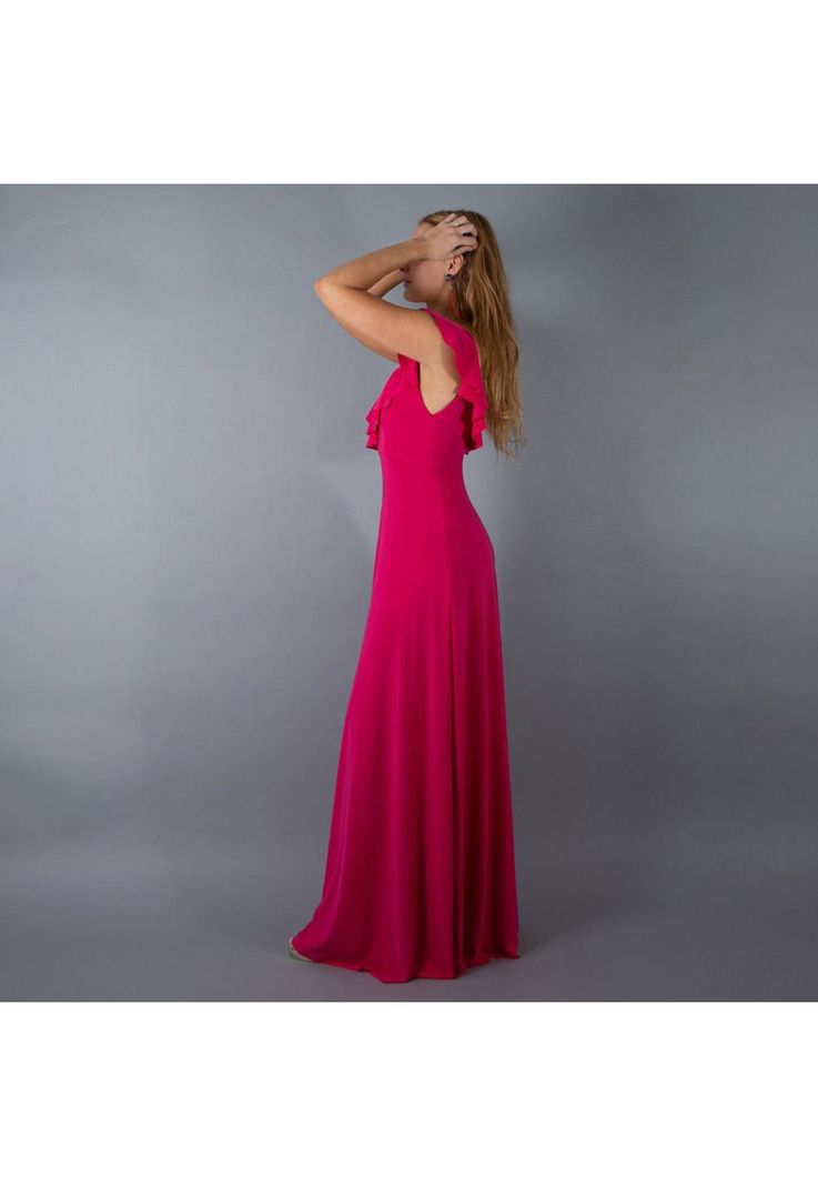 Vestido Largo Marken Fucsia Lycra Vuelo Grande Maria Paskaro-1