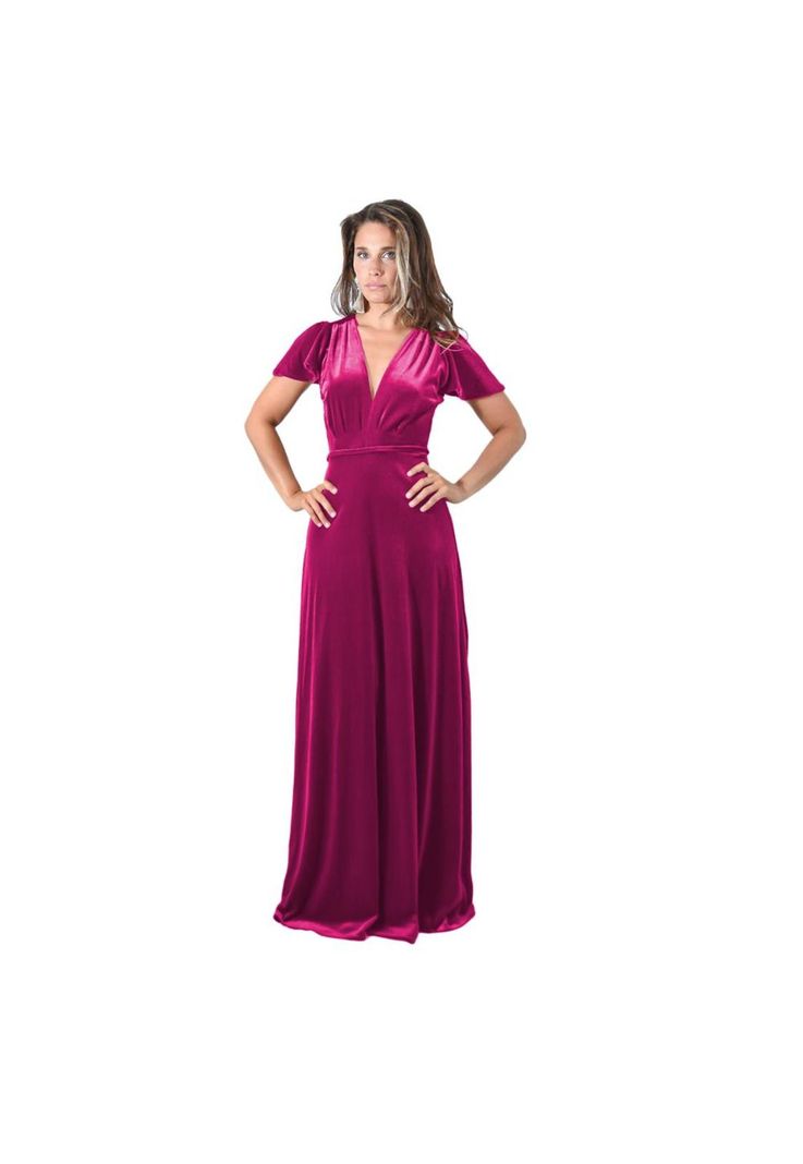 Vestido Largo York Fucsia Terciopelo Mangas Maria Paskaro-0