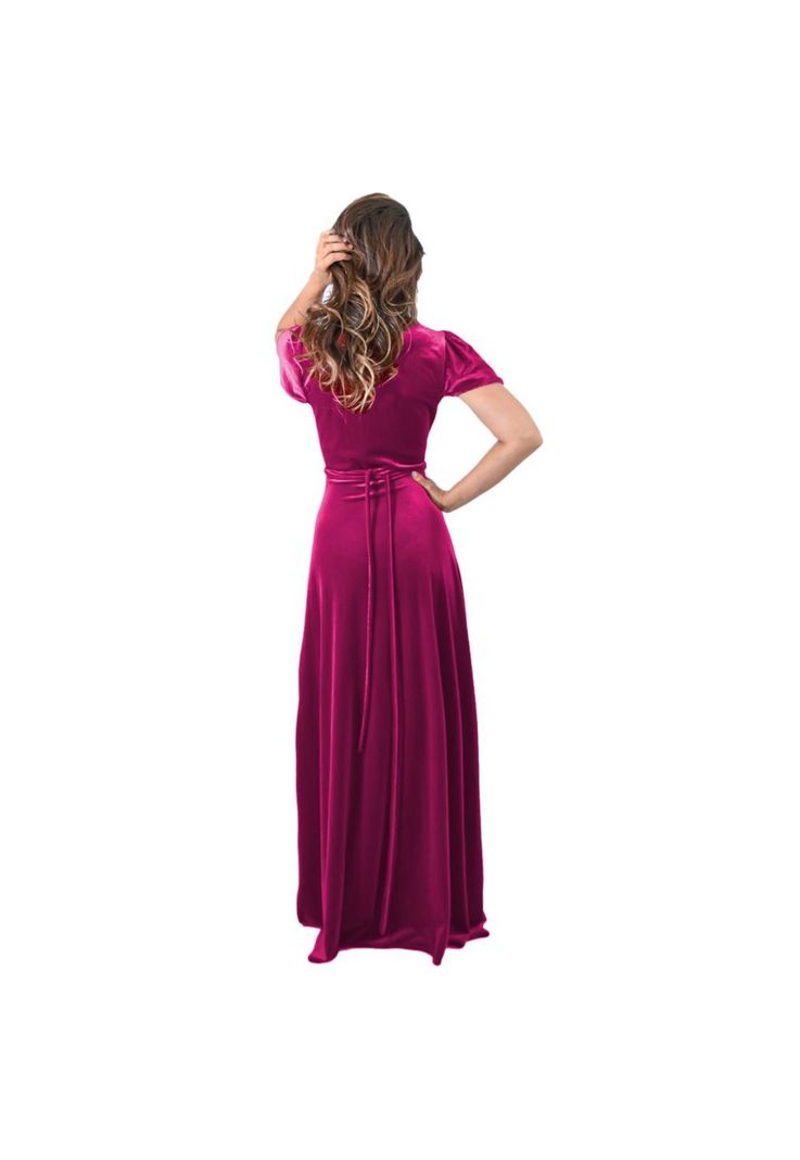 Vestido Largo York Fucsia Terciopelo Mangas Maria Paskaro-1