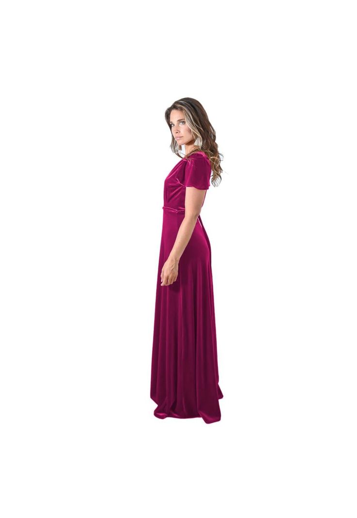 Vestido Largo York Fucsia Terciopelo Mangas Maria Paskaro-2