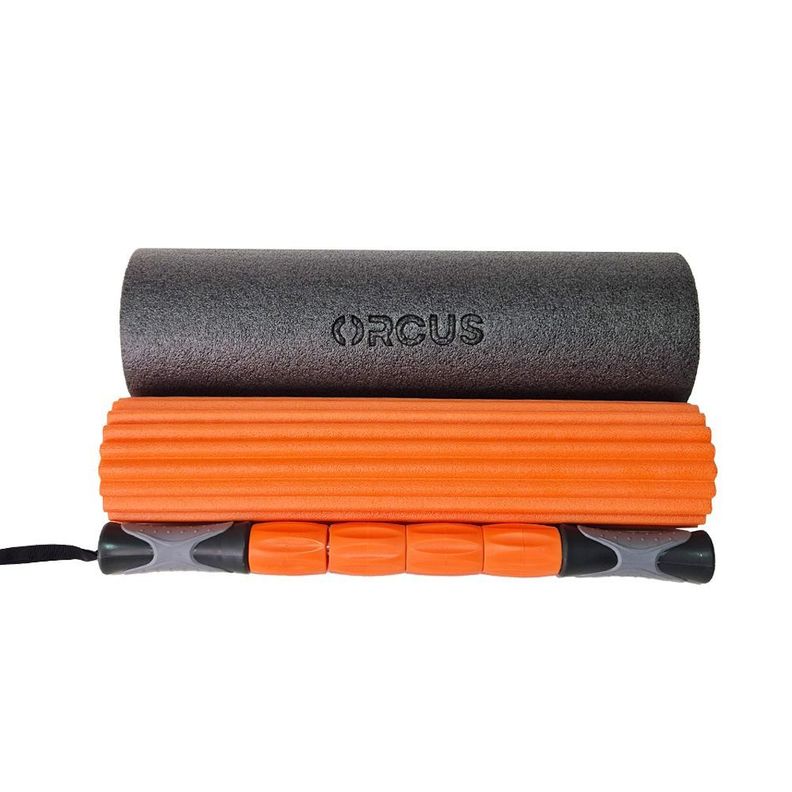 SET 3 EN 1 FOAM ROLLER + RODILLO + MASAJEADOR ORCUS Naranjo