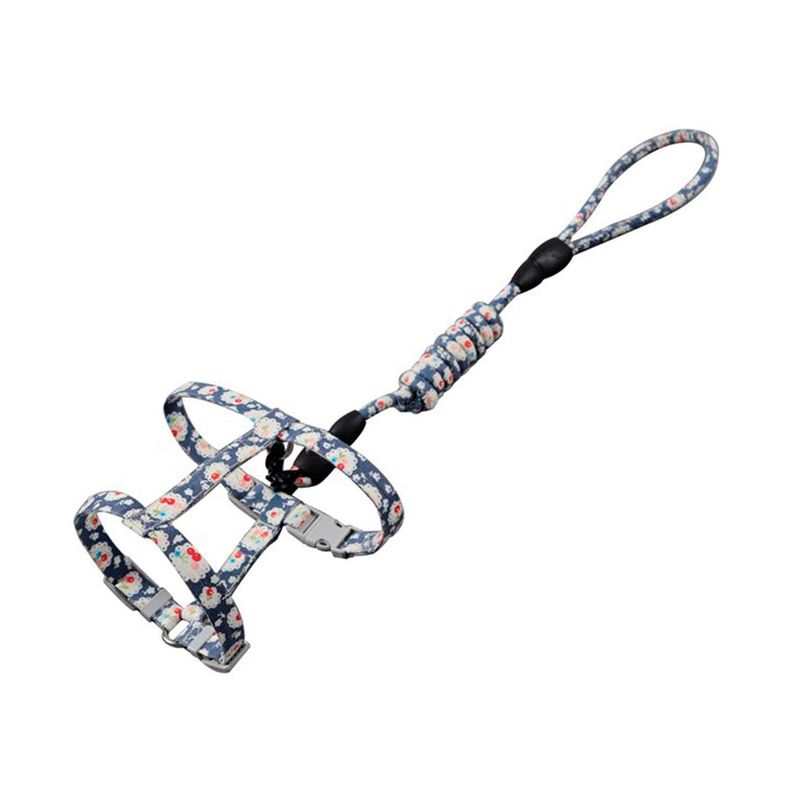 Arnes Ajustable + Correa Mascotas Perros Y Gatos Estampado Azul con flores-0