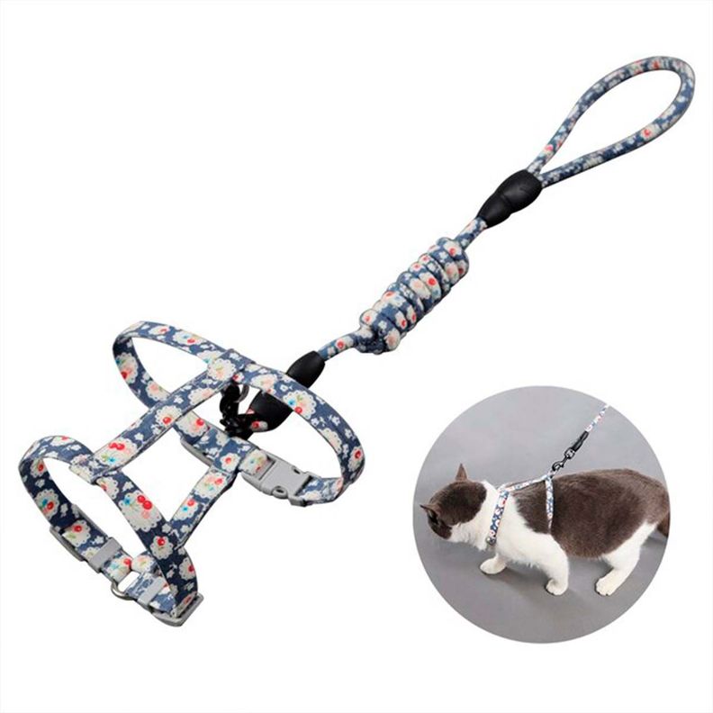 Arnes Ajustable + Correa Mascotas Perros Y Gatos Estampado Azul con flores-1