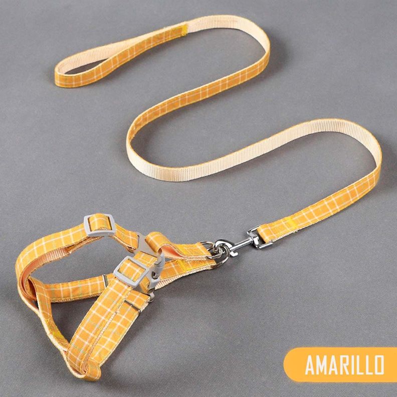 Arnes Pechera + Correa Tela Amarillo Resistente Mascotas Perros Gatos-1