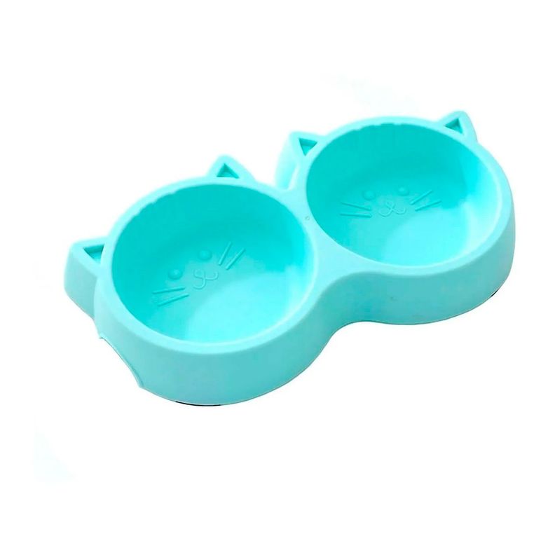 Plato De Comida Doble Para Mascotas Con Forma De Gato Azul-0