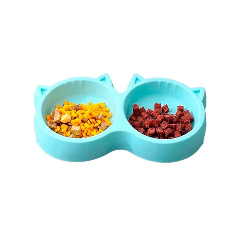 Plato De Comida Doble Para Mascotas Con Forma De Gato Azul-1
