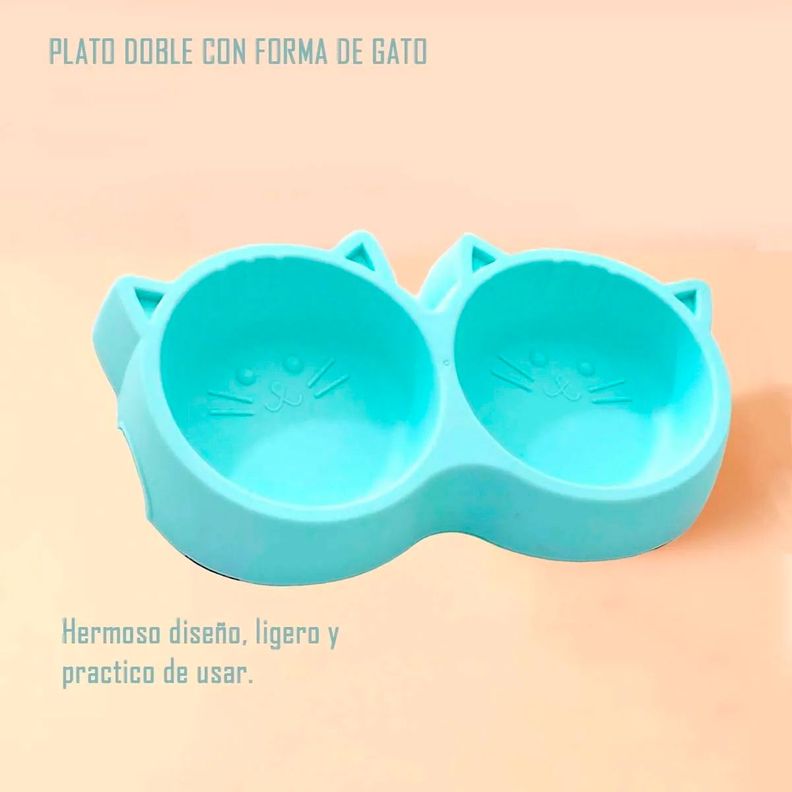 Plato De Comida Doble Para Mascotas Con Forma De Gato Azul-2