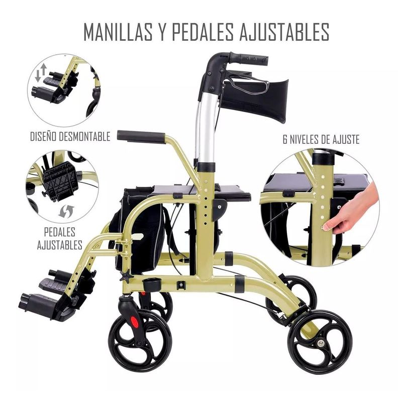 Andador Plegable 4 Ruedas 2 En 1 Silla De Ruedas Reposapies 1001C-2