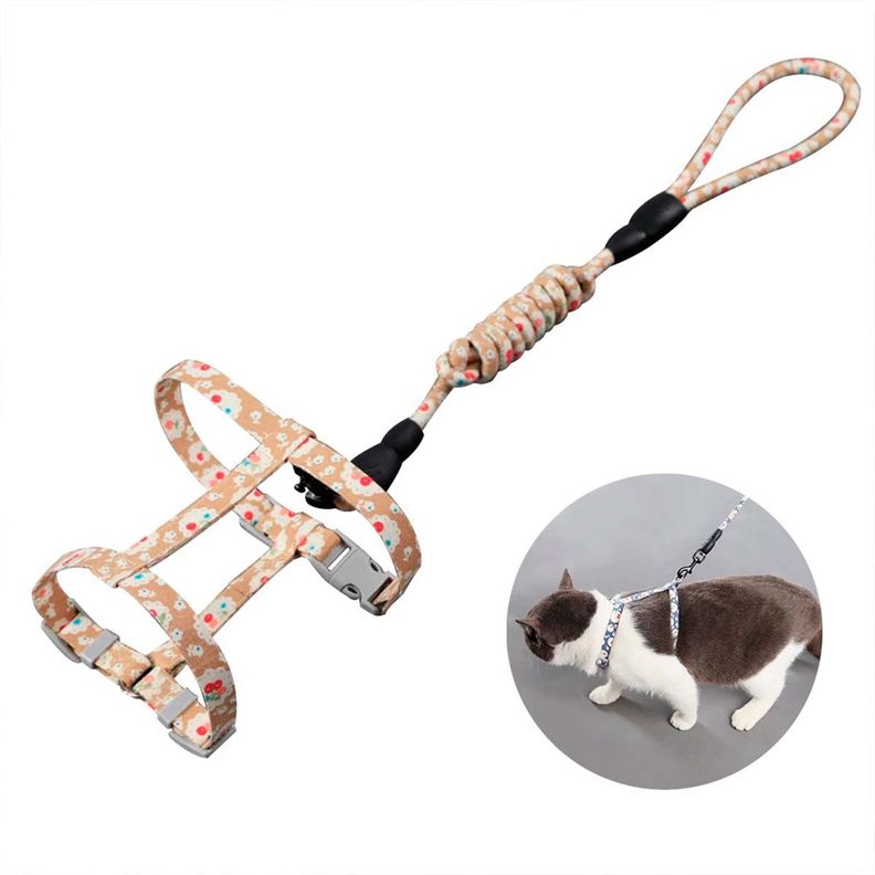 Arnes Ajustable + Correa Mascotas Perros Y Gatos Estampado Cafe con flores-1