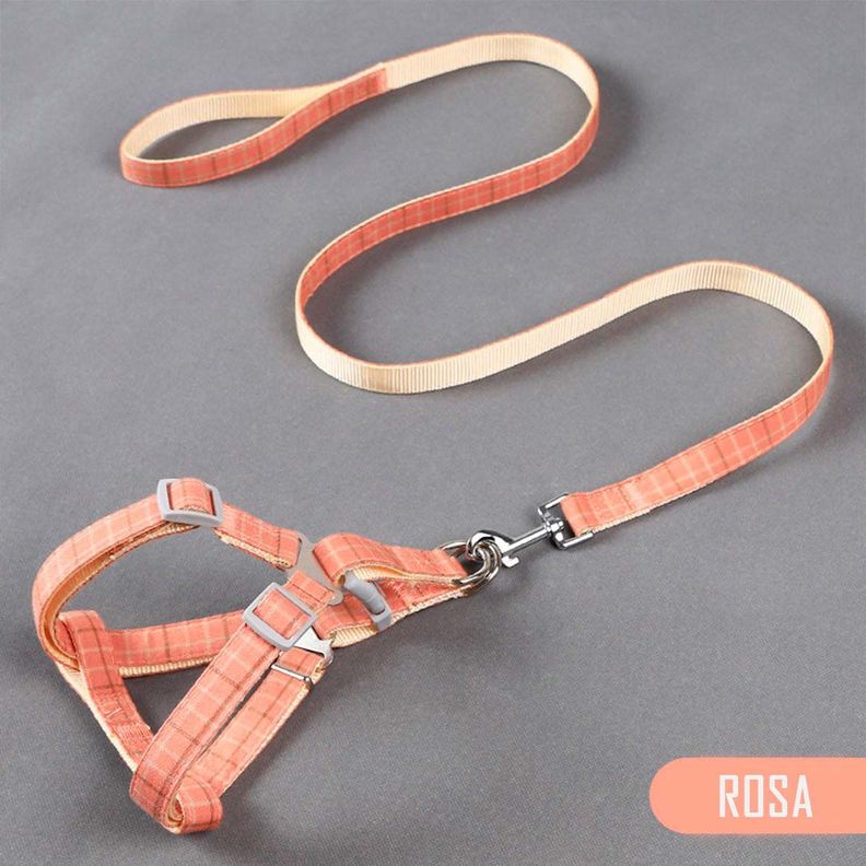 Arnes Pechera + Correa Tela Rosado Resistente Mascotas Perros Gatos-1