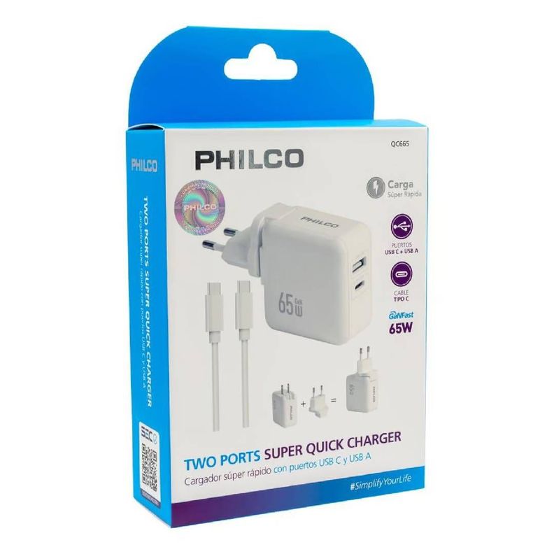 Cargador Super Rapido Philco Usb 3.0 65W QC665-1