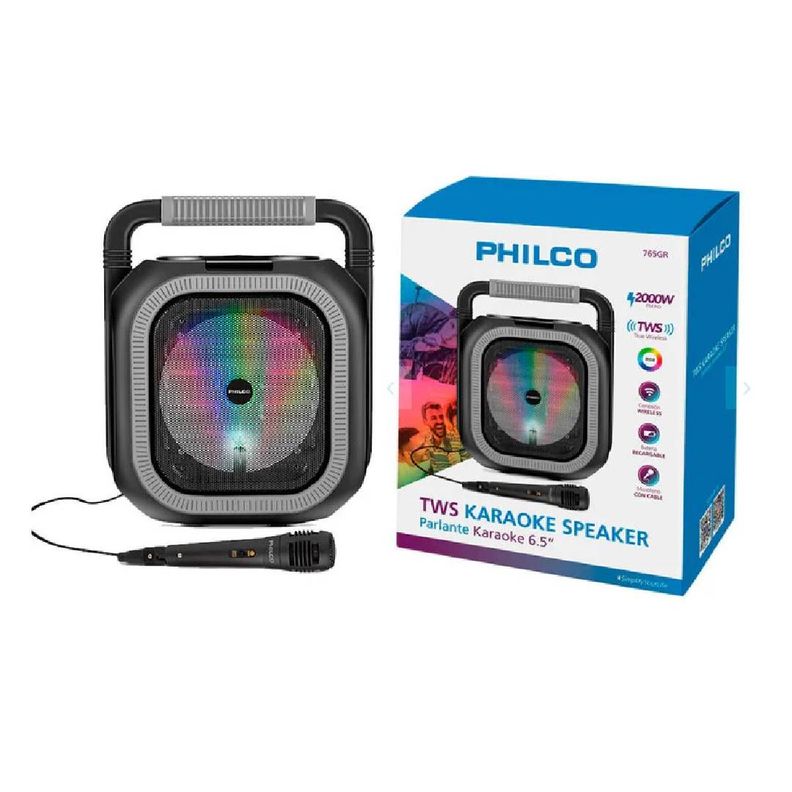 Parlante de Karaoke Philco 765, 6.5 TWS, Luces RGB, Gris-1