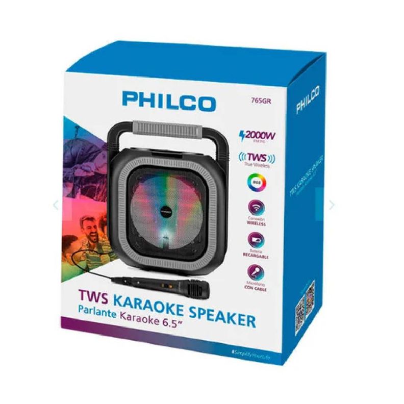 Parlante de Karaoke Philco 765, 6.5 TWS, Luces RGB, Gris-2