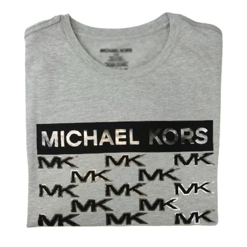 Polera Mk Gris Cuello Redondo Franja Negra/plateada Talla L-2