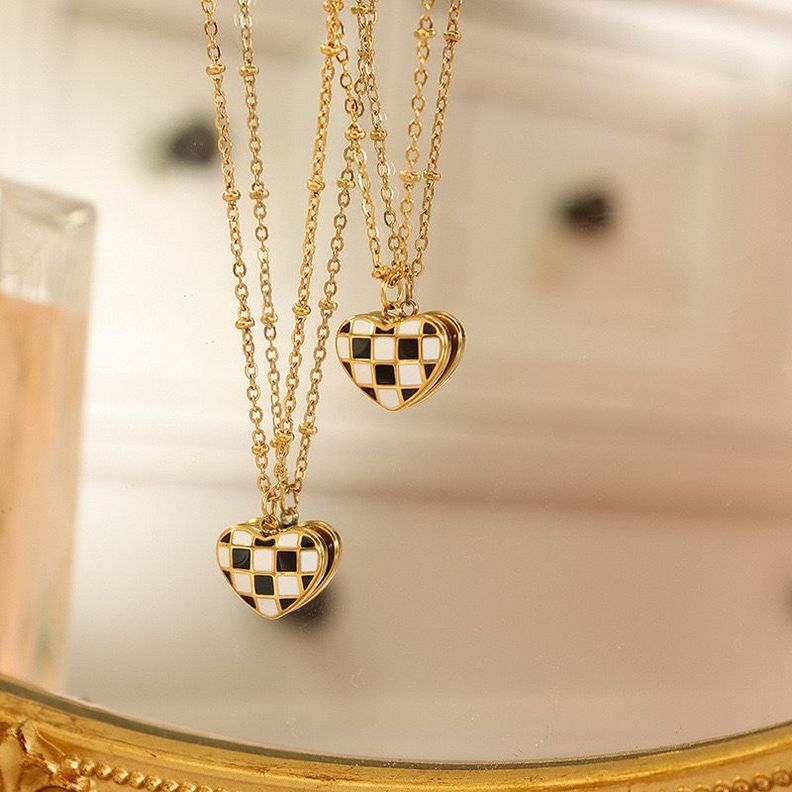 Collar Baño De Oro Amarillo 18k Corazón Ajedrez-1