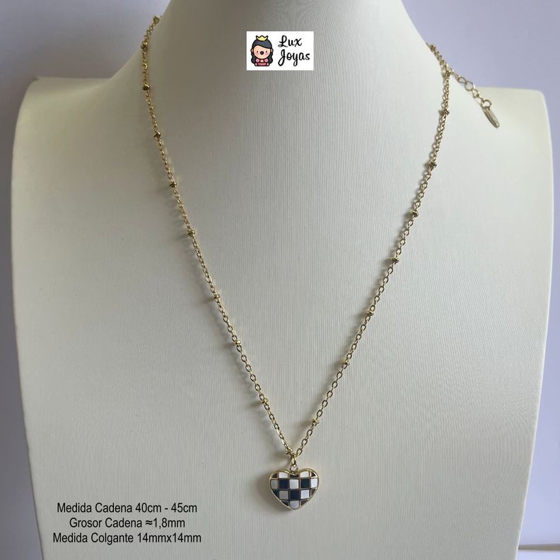 Collar Baño De Oro Amarillo 18k Corazón Ajedrez-4