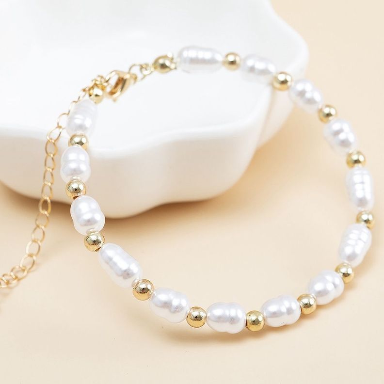 Pulsera Baño Oro Amarillo 18k Perla Agua Dulce Pelotitas-1