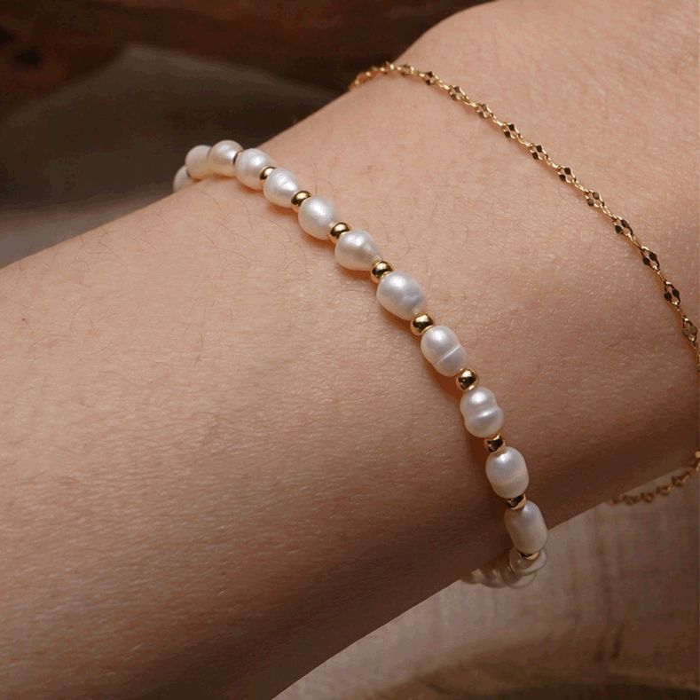 Pulsera Baño Oro Amarillo 18k Perla Agua Dulce Pelotitas-3