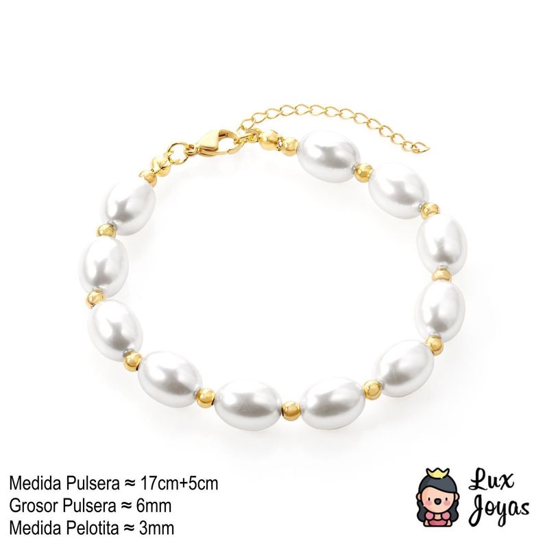 Pulsera Baño Oro Amarillo 18k Perla Agua Dulce Pelotitas-4