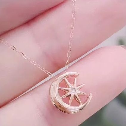 CADENA ESLABONES ORO ROSADO 18K COLGANTE LUNA ESTRELLA CON DIAMANTE 1P-2