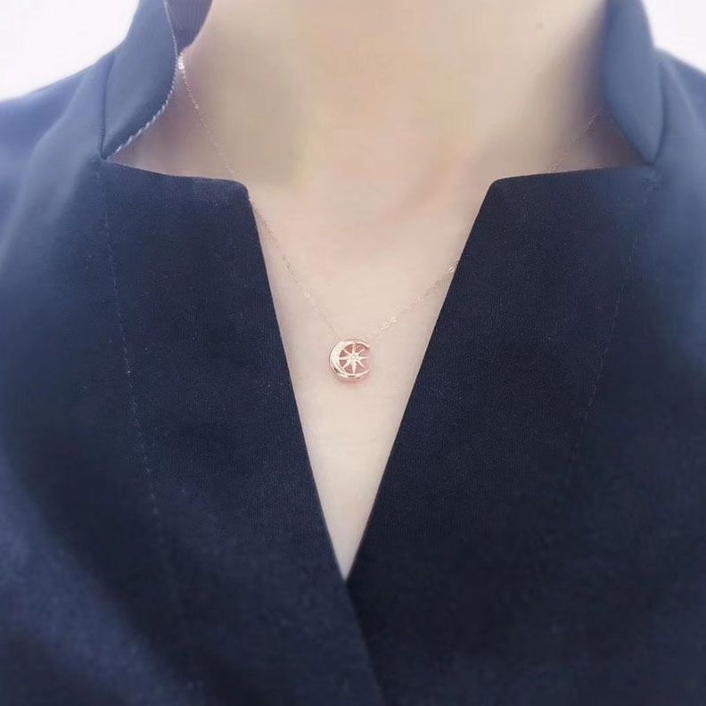 CADENA ESLABONES ORO ROSADO 18K COLGANTE LUNA ESTRELLA CON DIAMANTE 1P-4