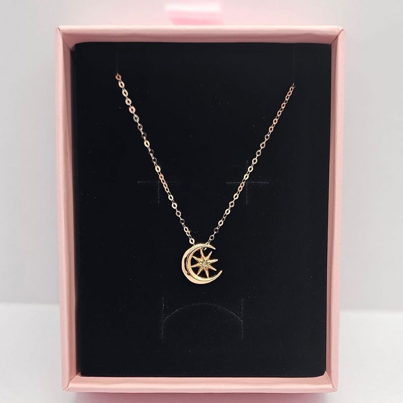 CADENA ESLABONES ORO ROSADO 18K COLGANTE LUNA ESTRELLA CON DIAMANTE 1P-5