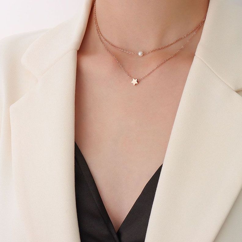 Collar Baño De Oro Rosado 18k Doble Perla Estrella-1