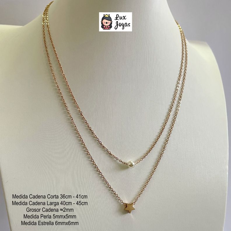 Collar Baño De Oro Rosado 18k Doble Perla Estrella-2