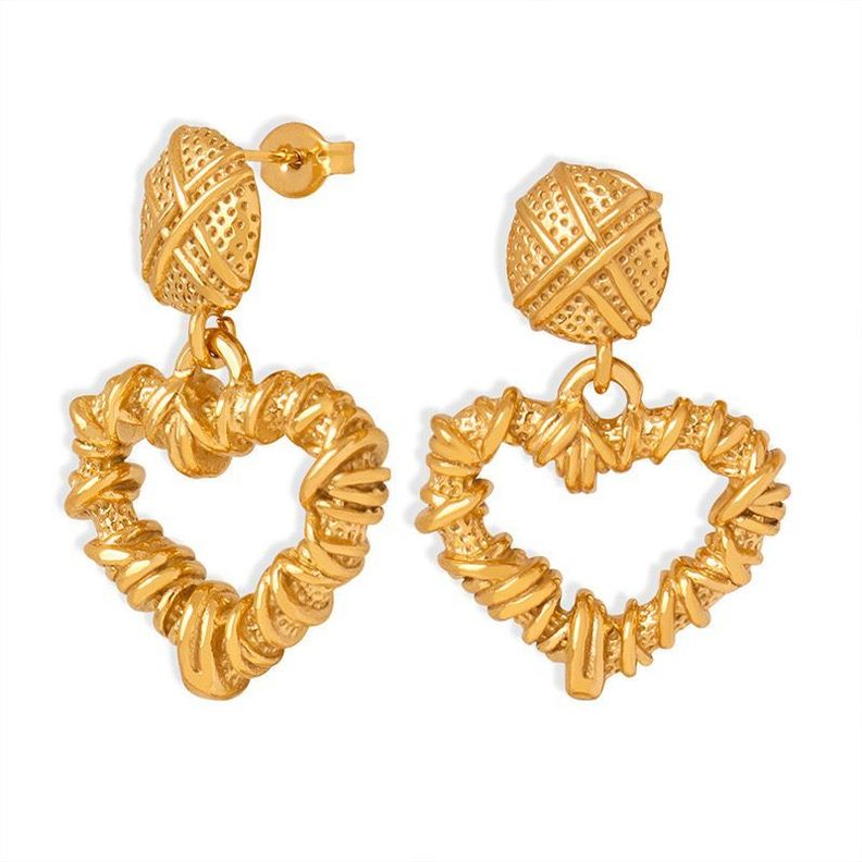 Aros Bano Oro 18k Largos Corazon Enredado Dorado