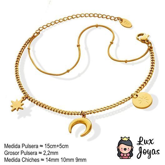 Pulsera Baño Oro Amarillo 18k Doble Luna Estrella Madi-3