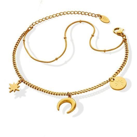 Pulsera Baño Oro Amarillo 18k Doble Luna Estrella Madi-0