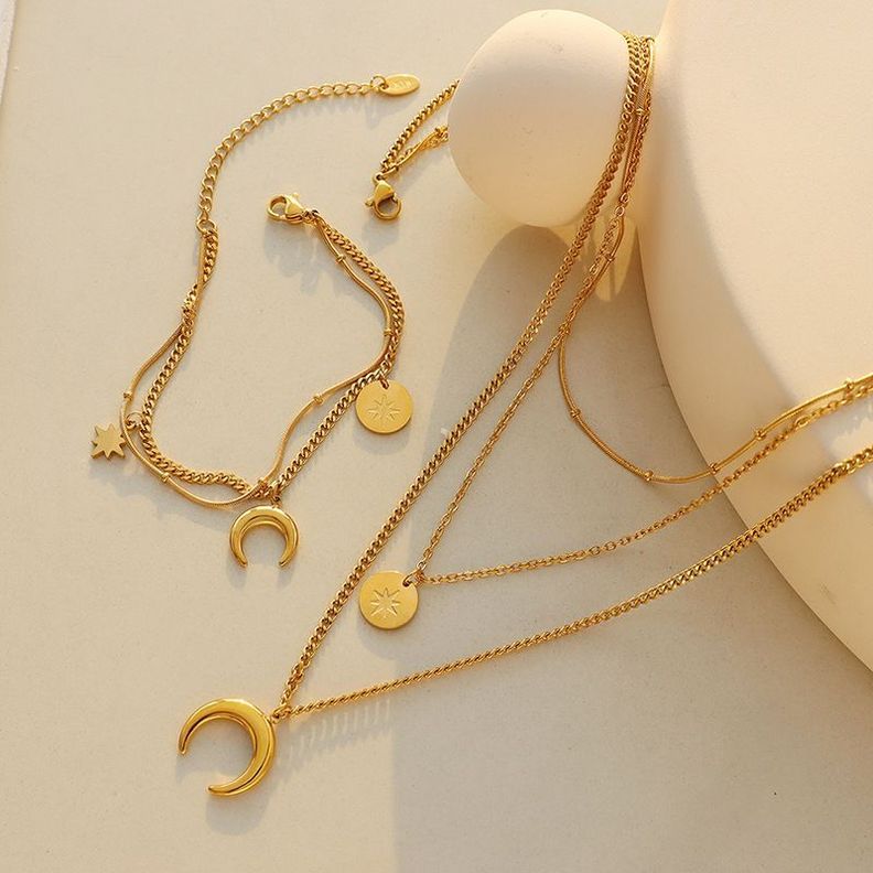 Pulsera Baño Oro Amarillo 18k Doble Luna Estrella Madi-1