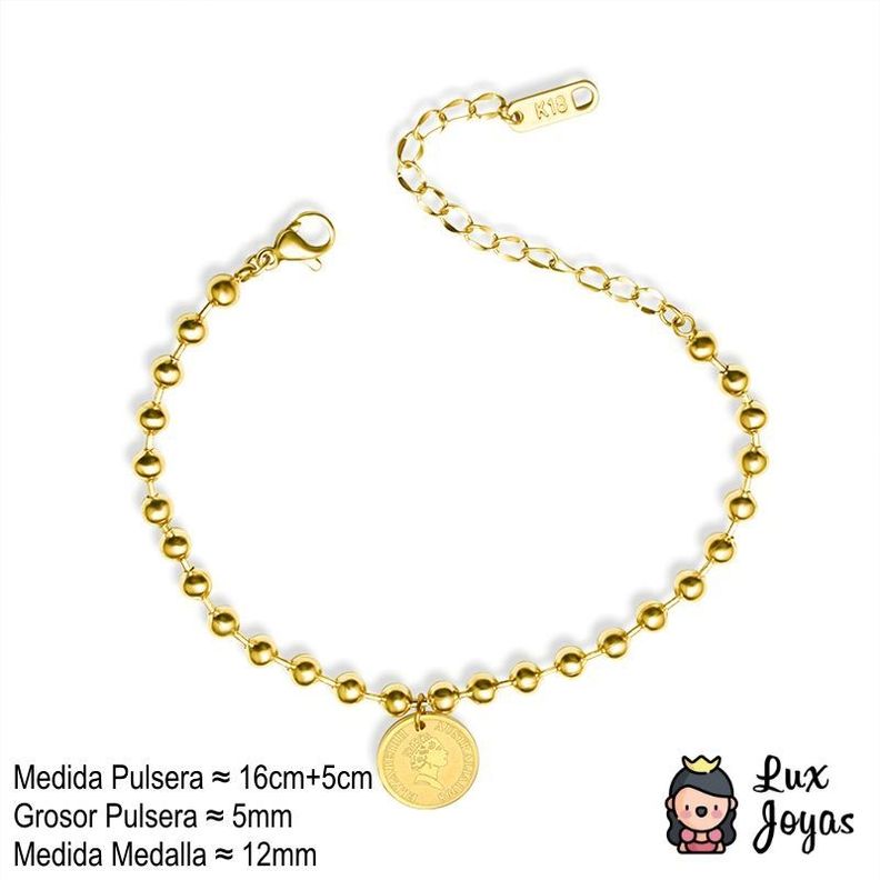 Pulsera Baño Oro Amarillo 18k Pelotitas Disco Reina-4