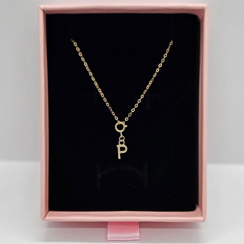 Cadena Eslabones Oro Amarillo 18k Charm Letras Inicial P Full Diamante-2