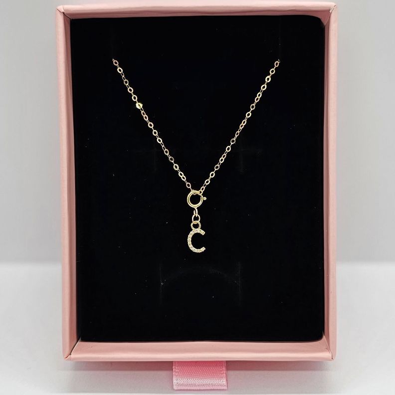 Cadena Eslabones Oro Amarillo 18k Charm Letras Inicial C Full Diamante-2