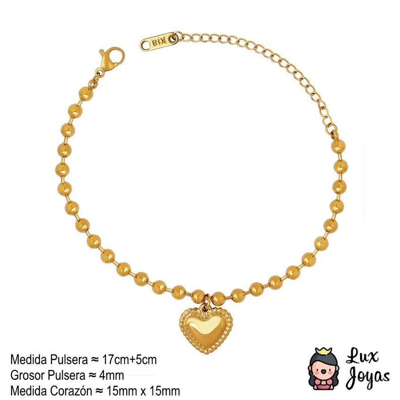 Pulsera Baño Oro Amarillo 18k Corazones Pelotitas-3