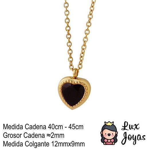 Collar Baño Oro Amarillo 18 Kilates Corazón Circón Onix-4