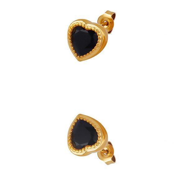 Aros Bano Oro Amarillo 18k Pegados Corazon Circon Onix Negro Dorado