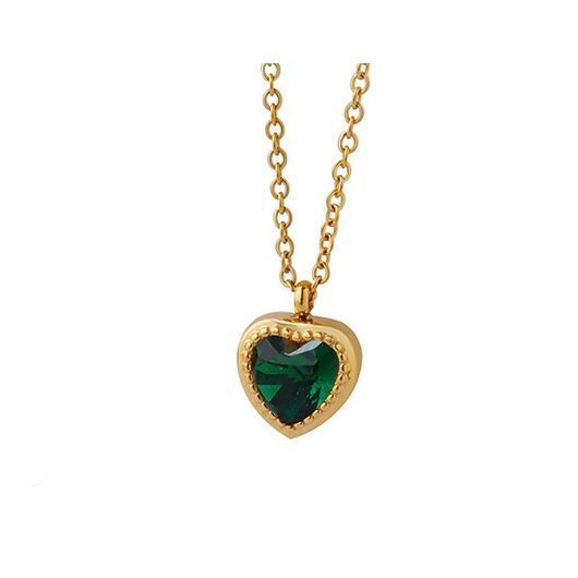 Collar Baño Oro Amarillo 18k Corazón Circón Esmeralda