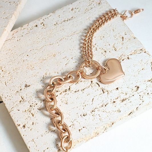Pulsera Baño Oro Rosado 18k Doble Corazón L-3