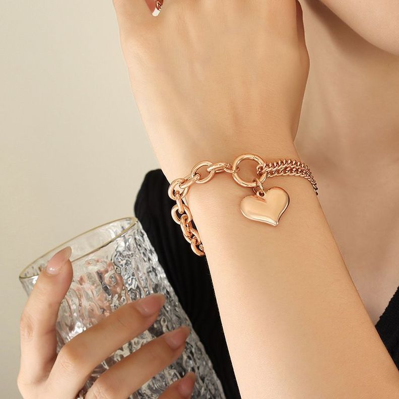 Pulsera Baño Oro Rosado 18k Doble Corazón L-4