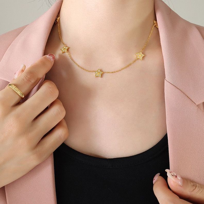 Collar Baño De Oro Amarillo 18k 5 Estrellas Circones-3