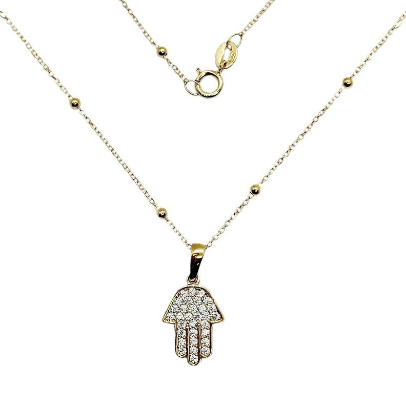 Cadena Pelotitas Colgante Mano De Fátima Full Brillitos Oro Au750 - 18k Italiano-0