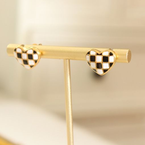 Aros Baño Oro Amarillo 18k Pegados Corazón Ajedrez-1